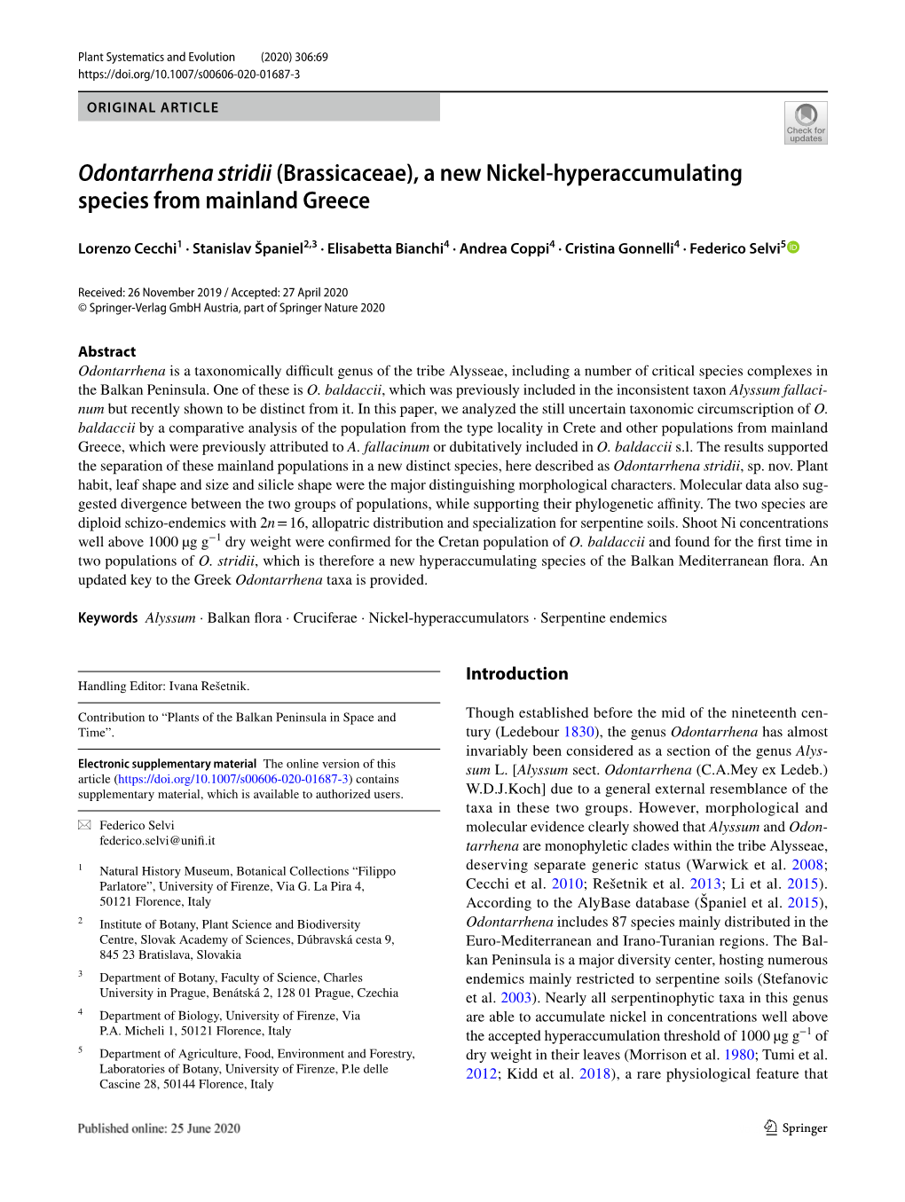 Odontarrhena Stridii (Brassicaceae), a New Nickel-Hyperaccumulating Species Page 3 of 14 69