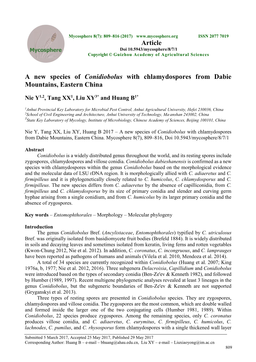 A New Species of Conidiobolus with Chlamydospores from Dabie Mountains, Eastern China Article