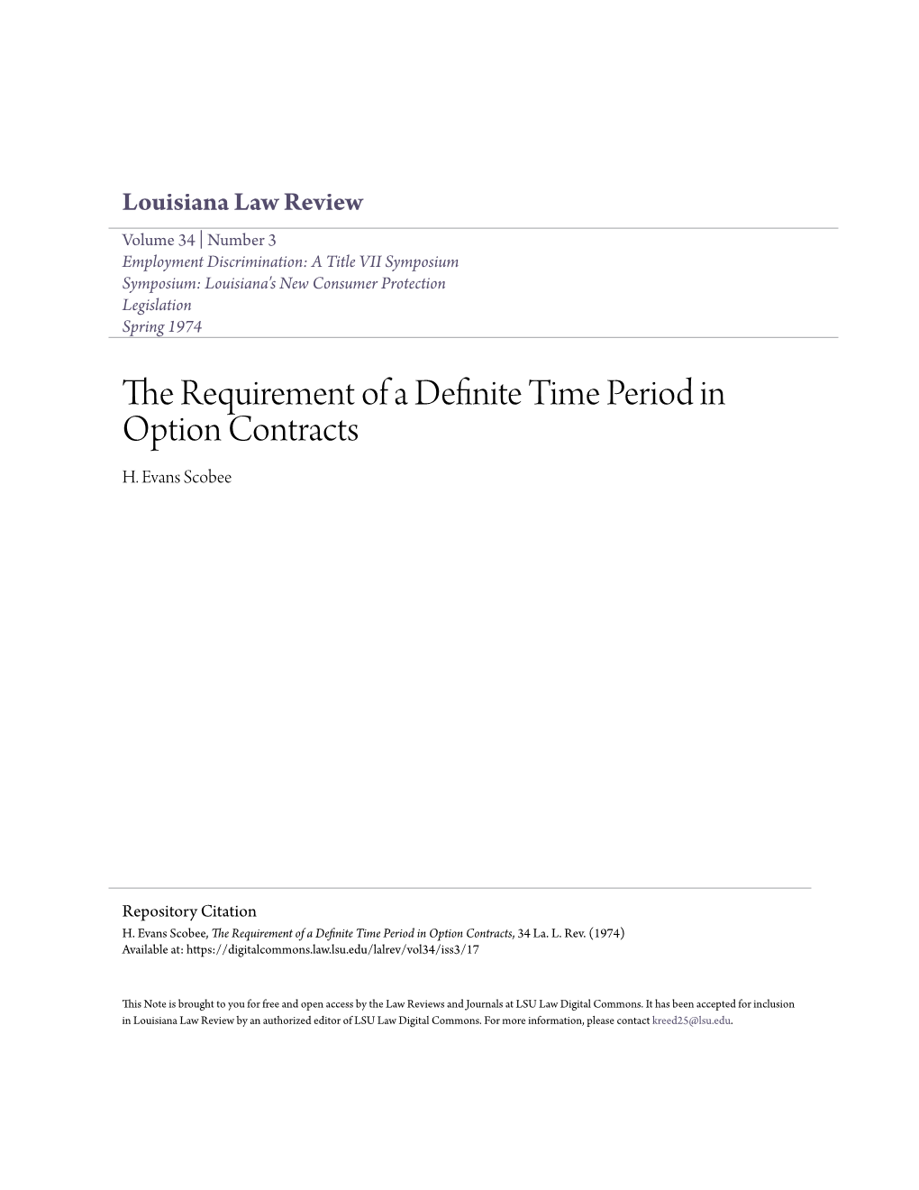 The Requirement of a Definite Time Period in Option Contracts H