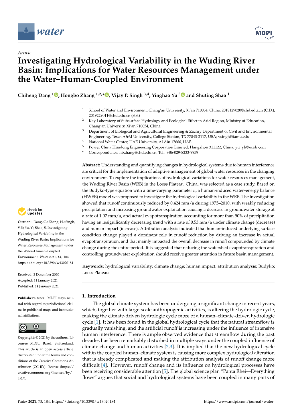 Investigating Hydrological Variability in the Wuding River Basin: Implications for Water Resources Management Under the Water–Human-Coupled Environment