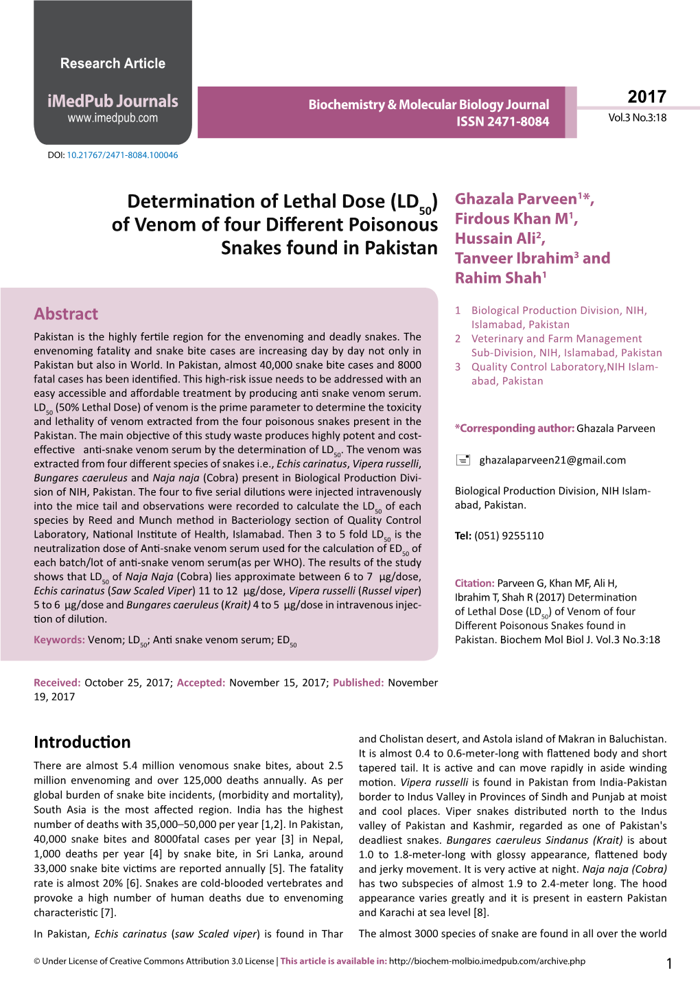 Determination of Lethal Dose (LD50) of Venom of Four Different