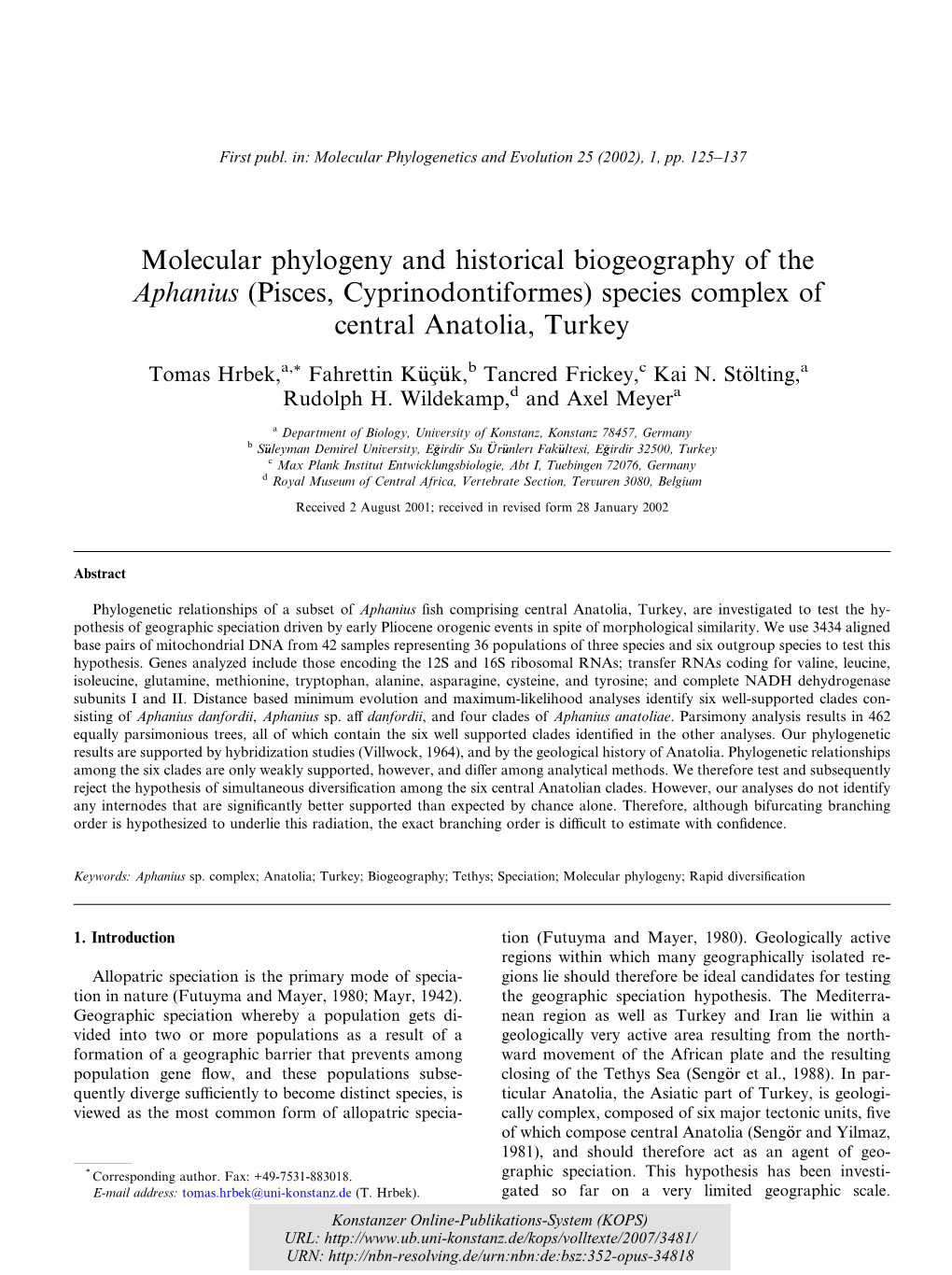 Molecular Phylogeny and Historical Biogeography of the Aphanius (Pisces, Cyprinodontiformes) Species Complex of Central Anatolia, Turkey