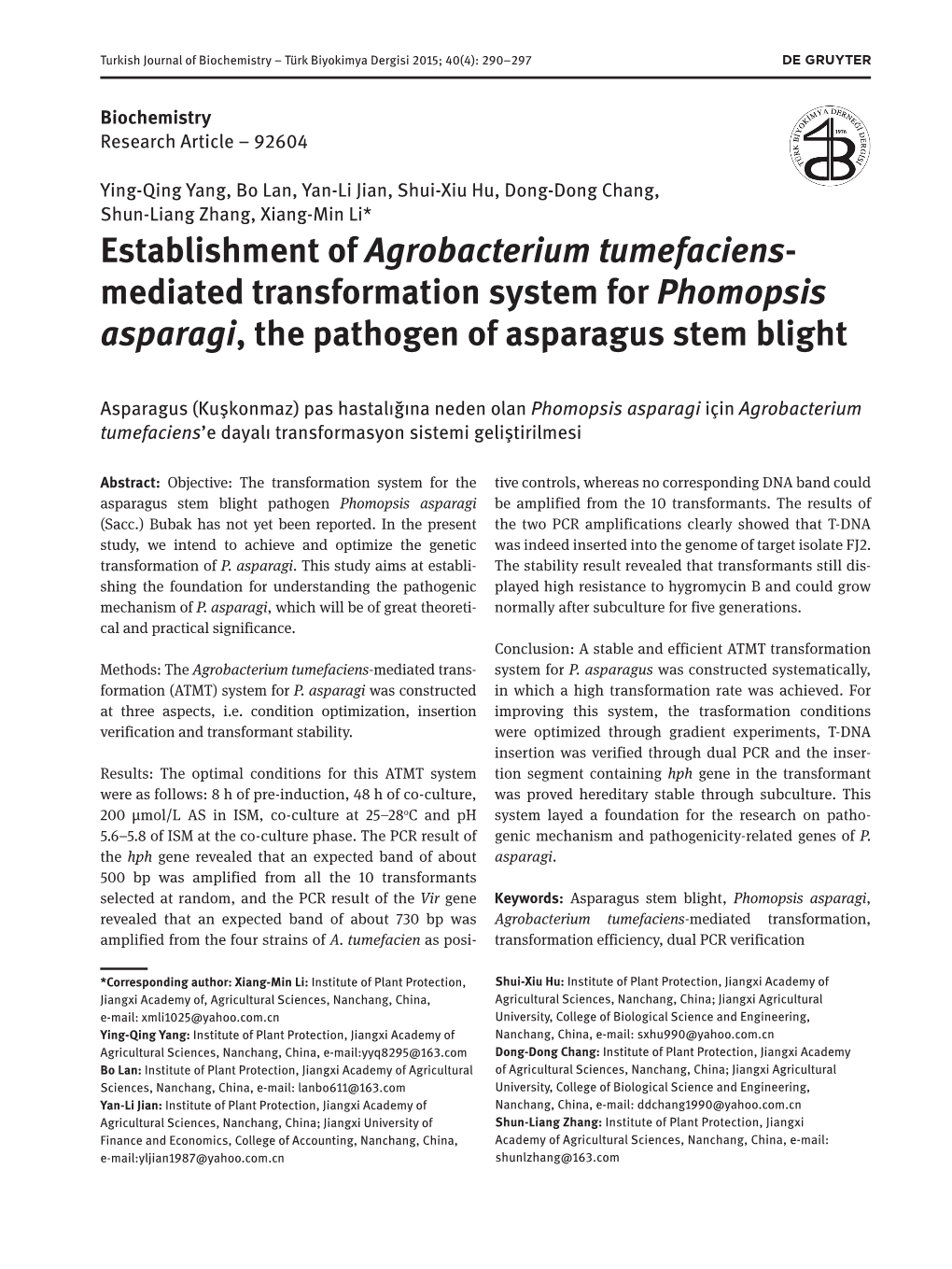 Mediated Transformation System for Phomopsis Asparagi, the Pathogen of Asparagus Stem Blight