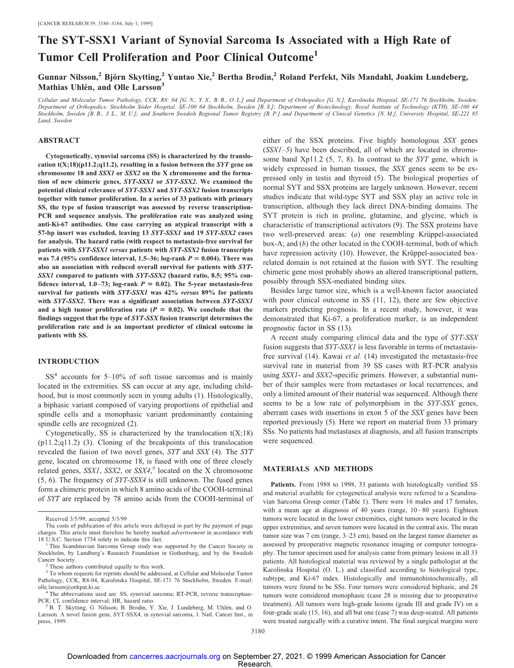 The SYT-SSX1 Variant of Synovial Sarcoma Is Associated with a High Rate of Tumor Cell Proliferation and Poor Clinical Outcome1