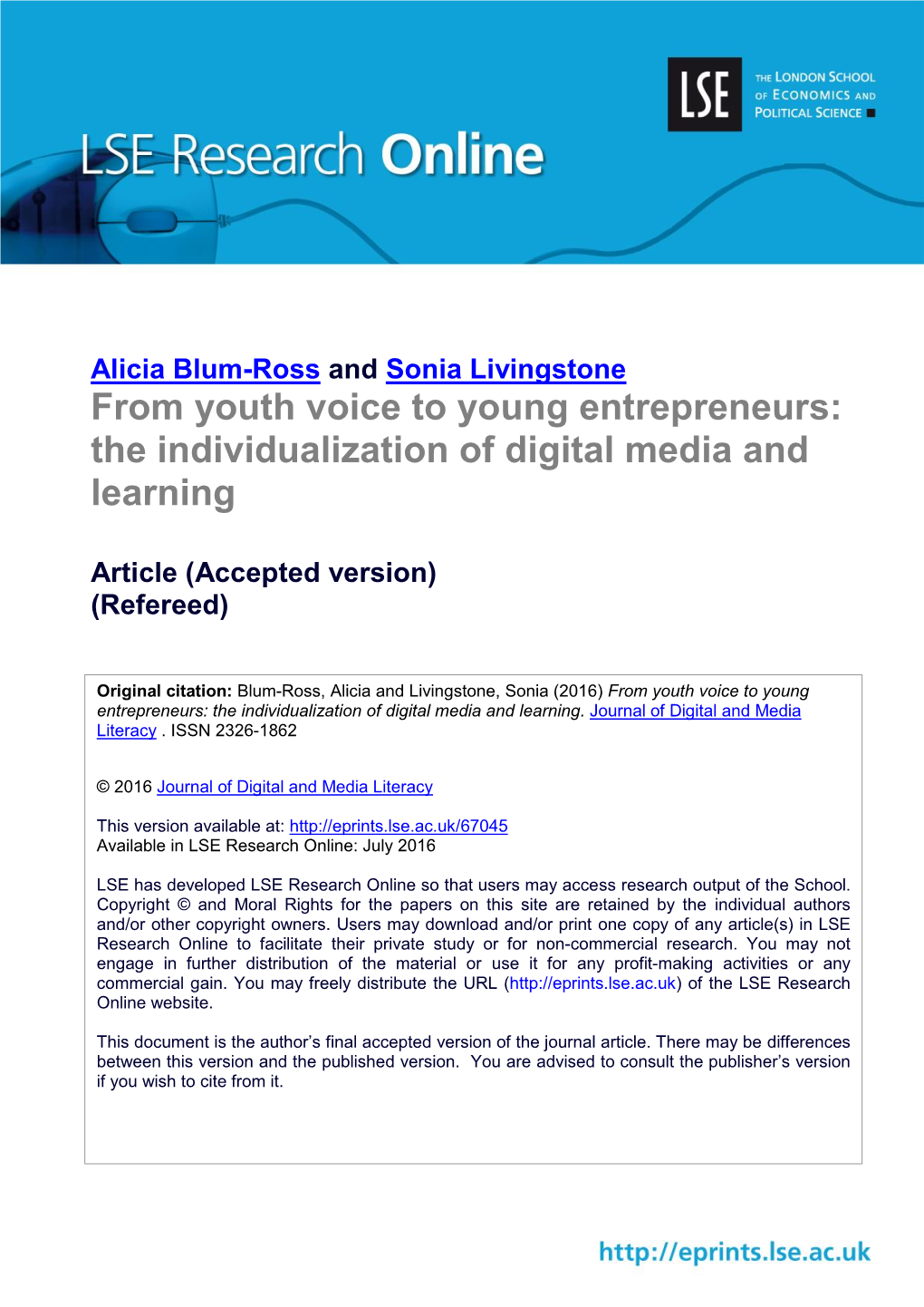From Youth Voice to Young Entrepreneurs: the Individualization of Digital Media and Learning