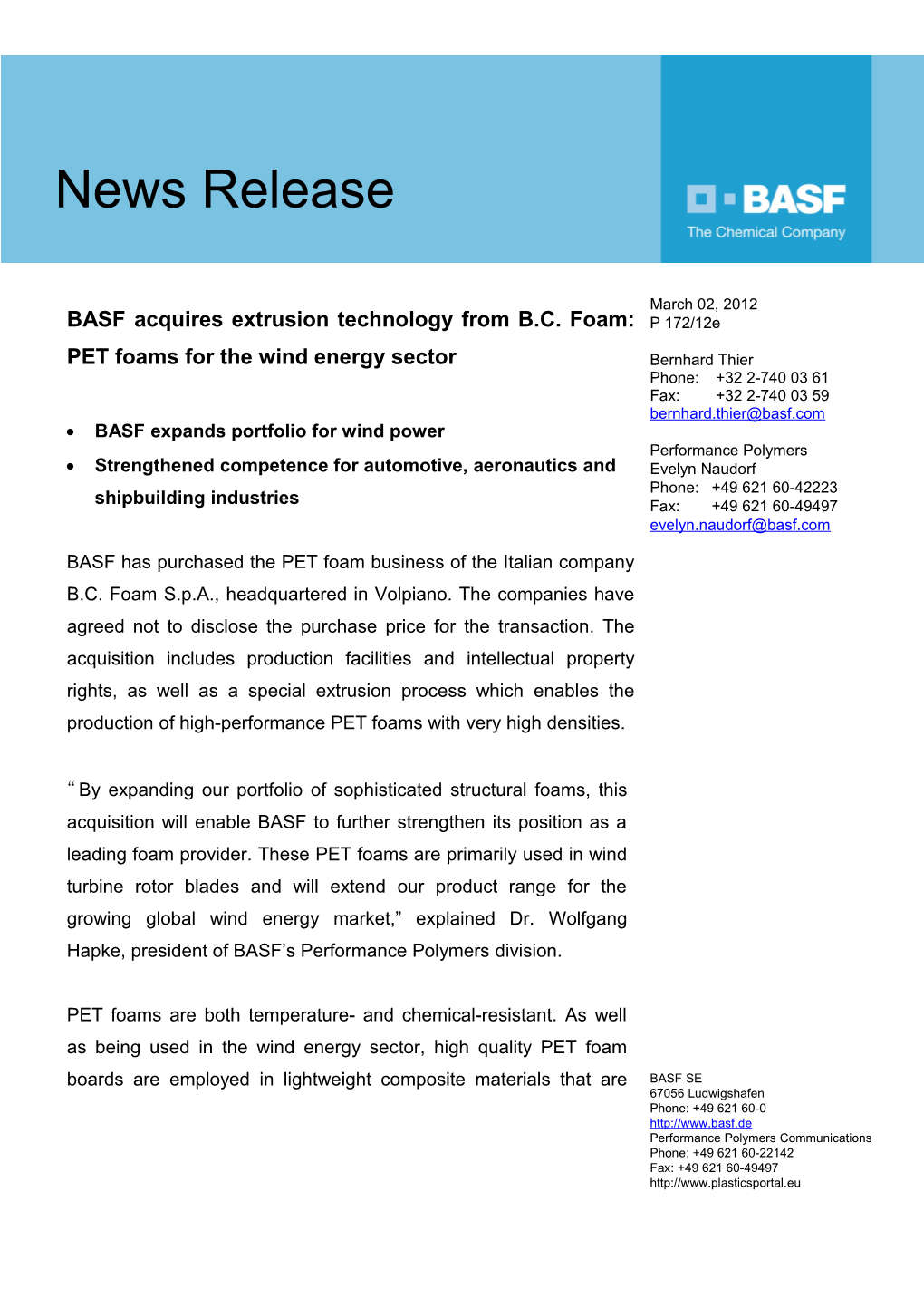 BASF Acquires Extrusion Technology from B.C. Foam: PET Foams for the Wind Energy Sector