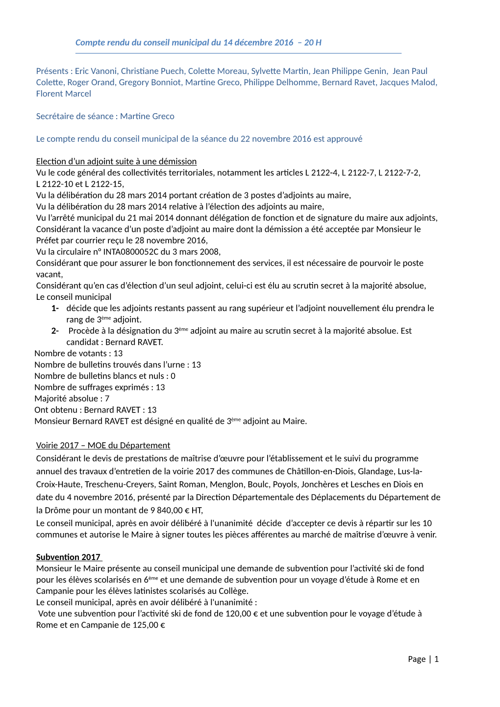 Compte Rendu Du Conseil Municipal Du 14 Décembre 2016 – 20 H