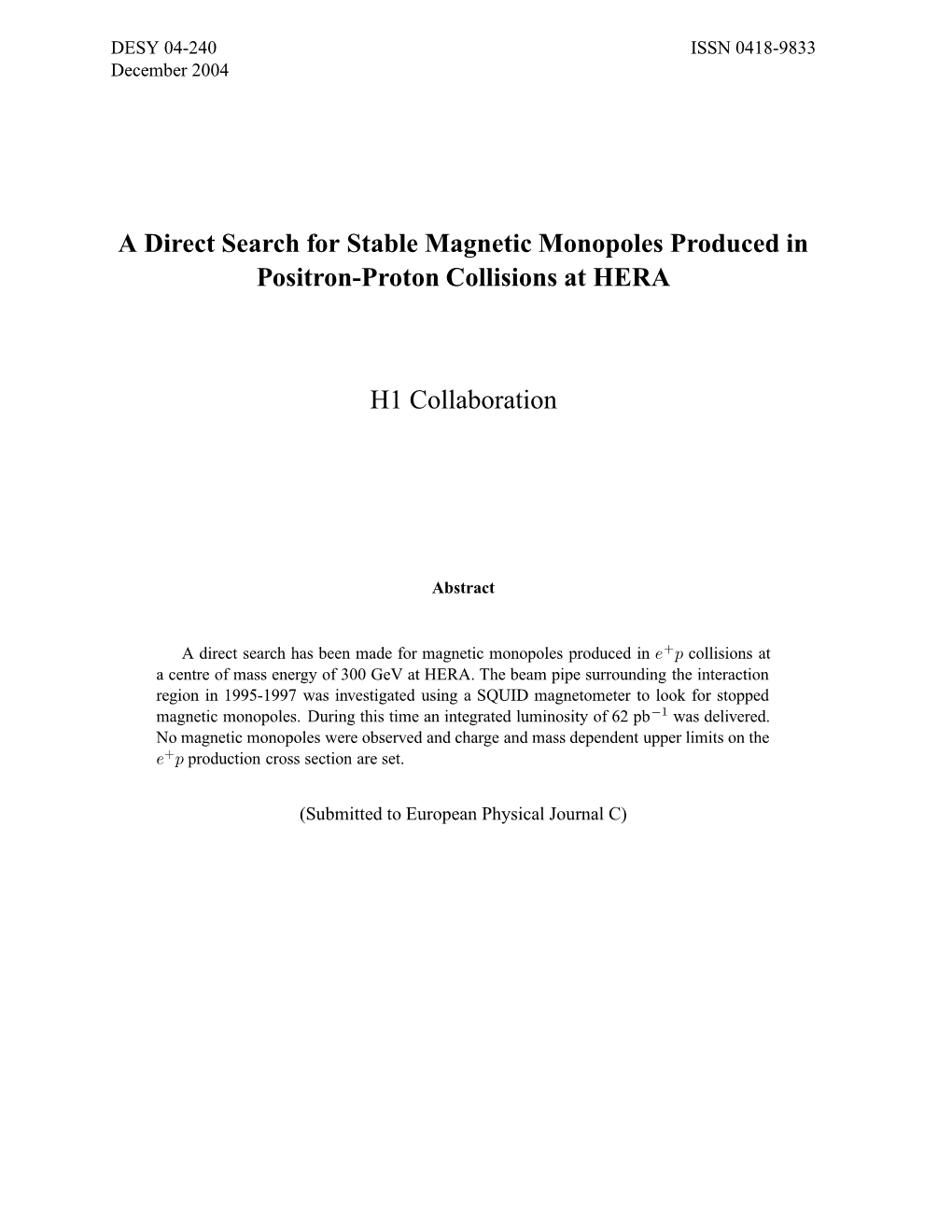 A Direct Search for Stable Magnetic Monopoles Produced in Positron-Proton Collisions at HERA