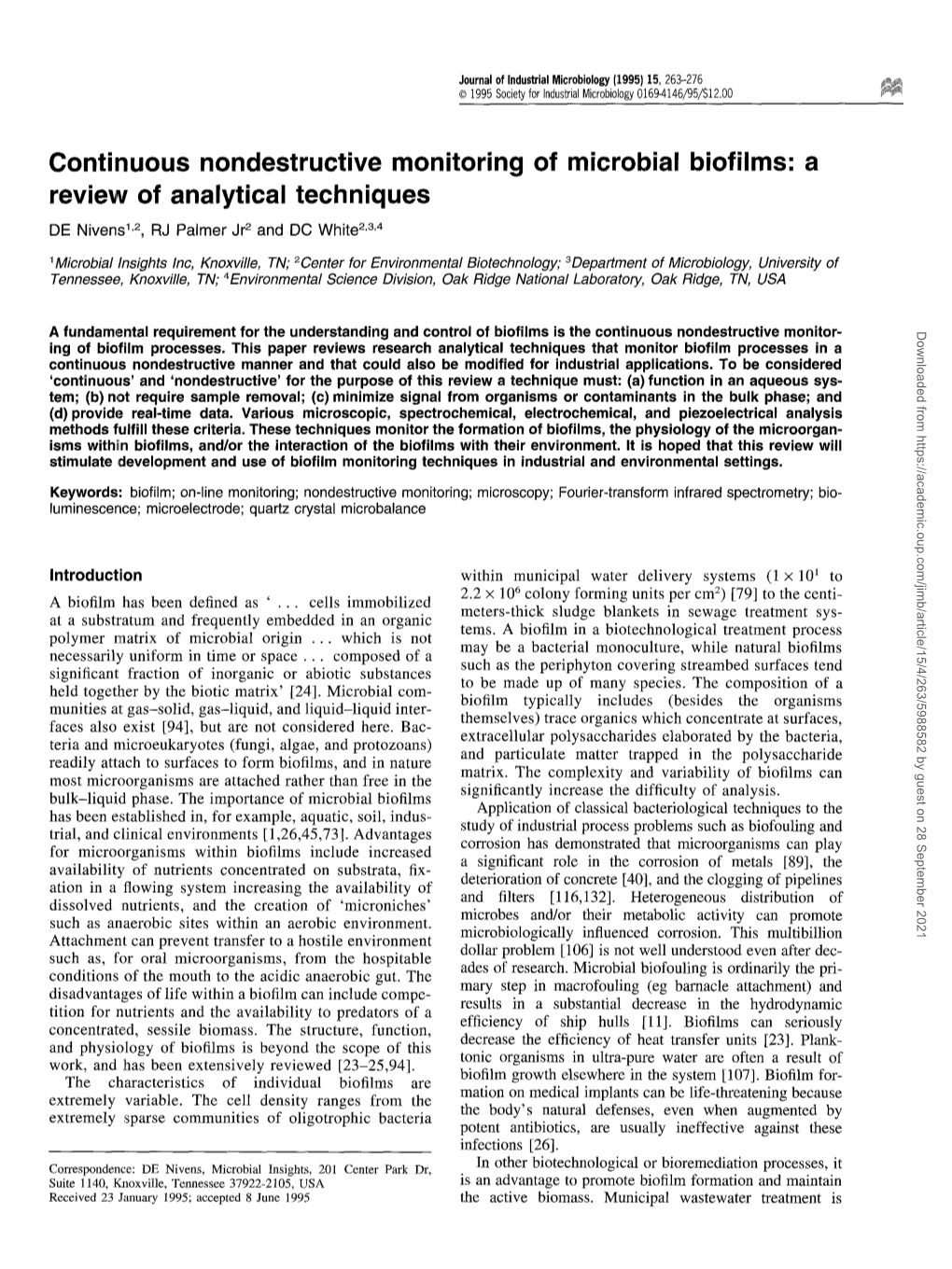 Continuous Nondestructive Monitoring of Microbial Biofilms: a Review of Analytical Techniques DE Nivens 1,2, RJ Palmer Jr 2 and DC White Z3,4