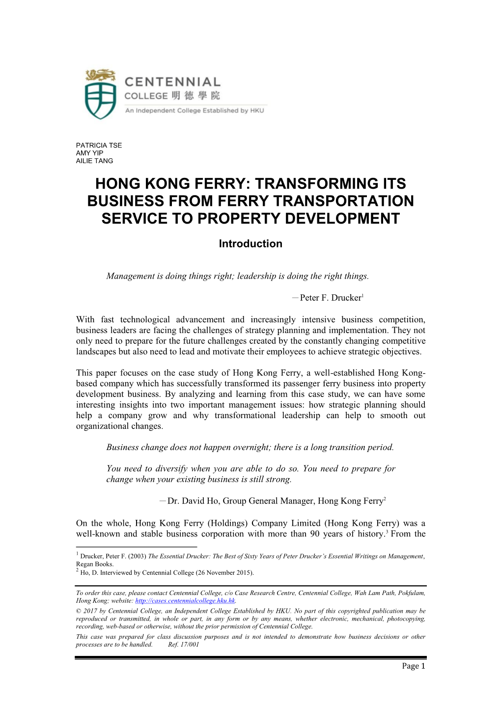 Hong Kong Ferry: Transforming Its Business from Ferry Transportation Service to Property Development