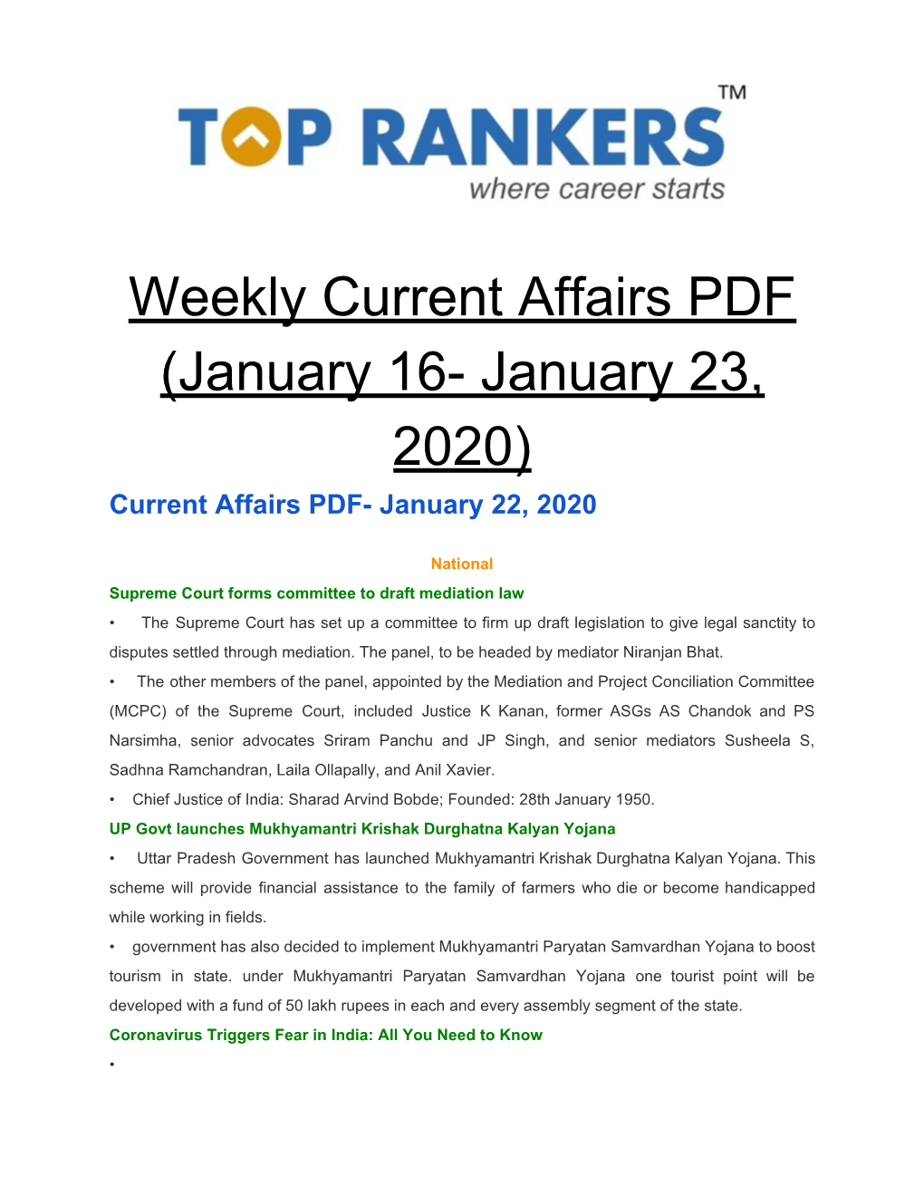 Weekly Current Affairs PDF (January 16- January 23, 2020) Current Affairs PDF- January 22, 2020