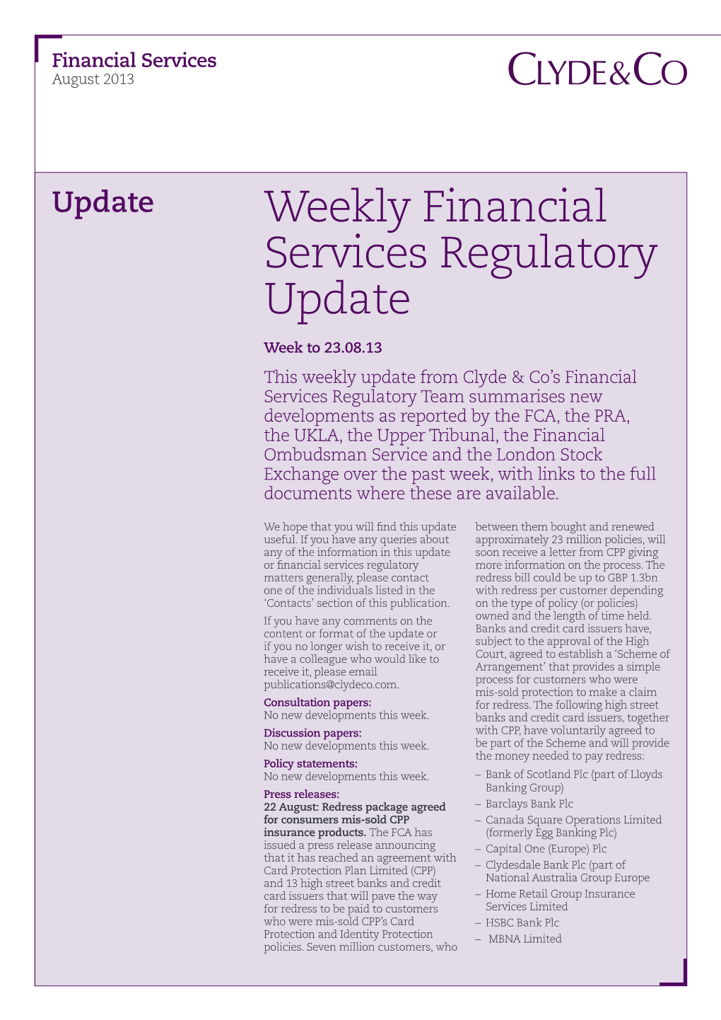 Weekly Financial Services Regulatory Update