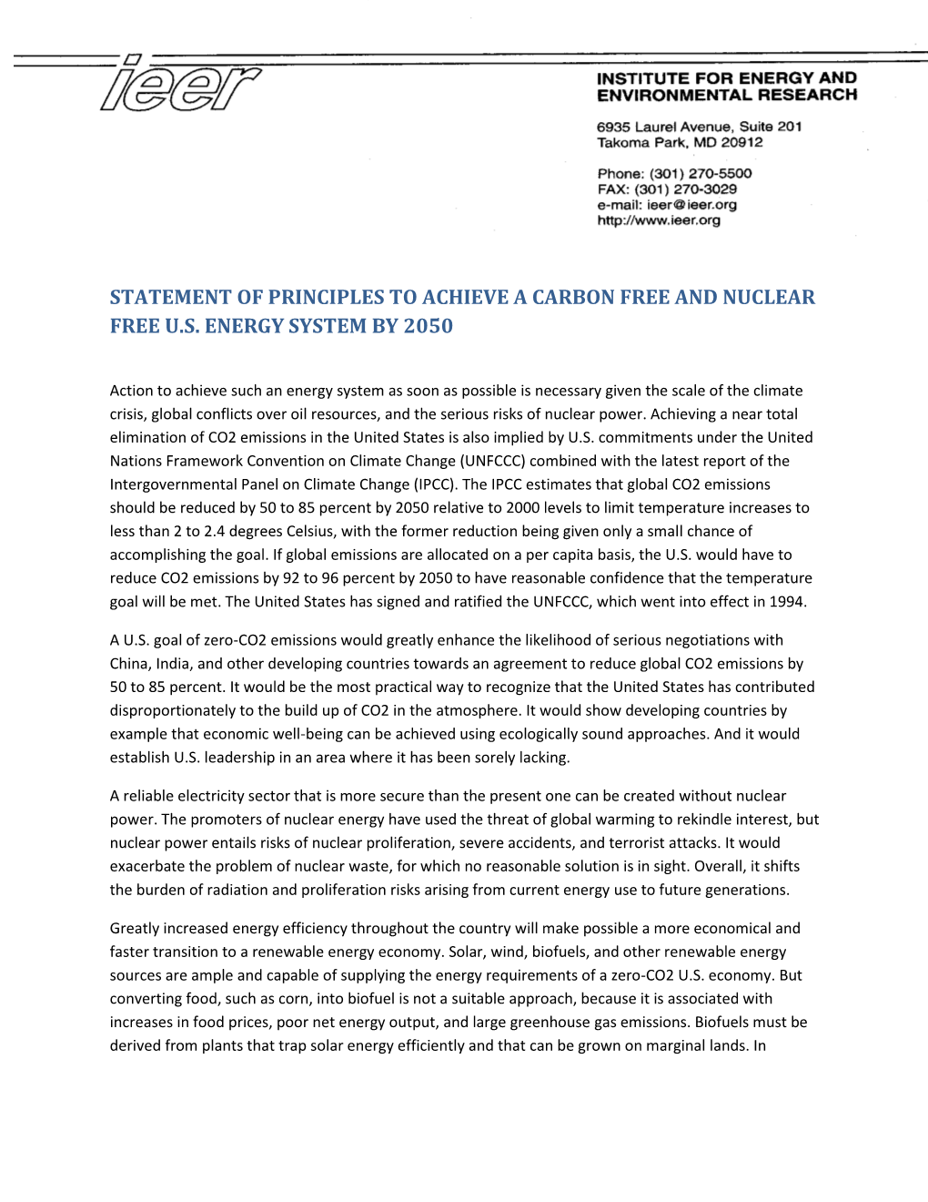 Statement of Principles to Achieve a Carbon Free and Nuclear Free U.S