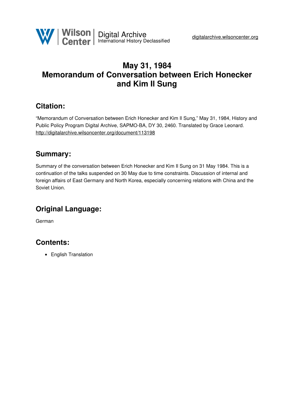 May 31, 1984 Memorandum of Conversation Between Erich Honecker and Kim Il Sung