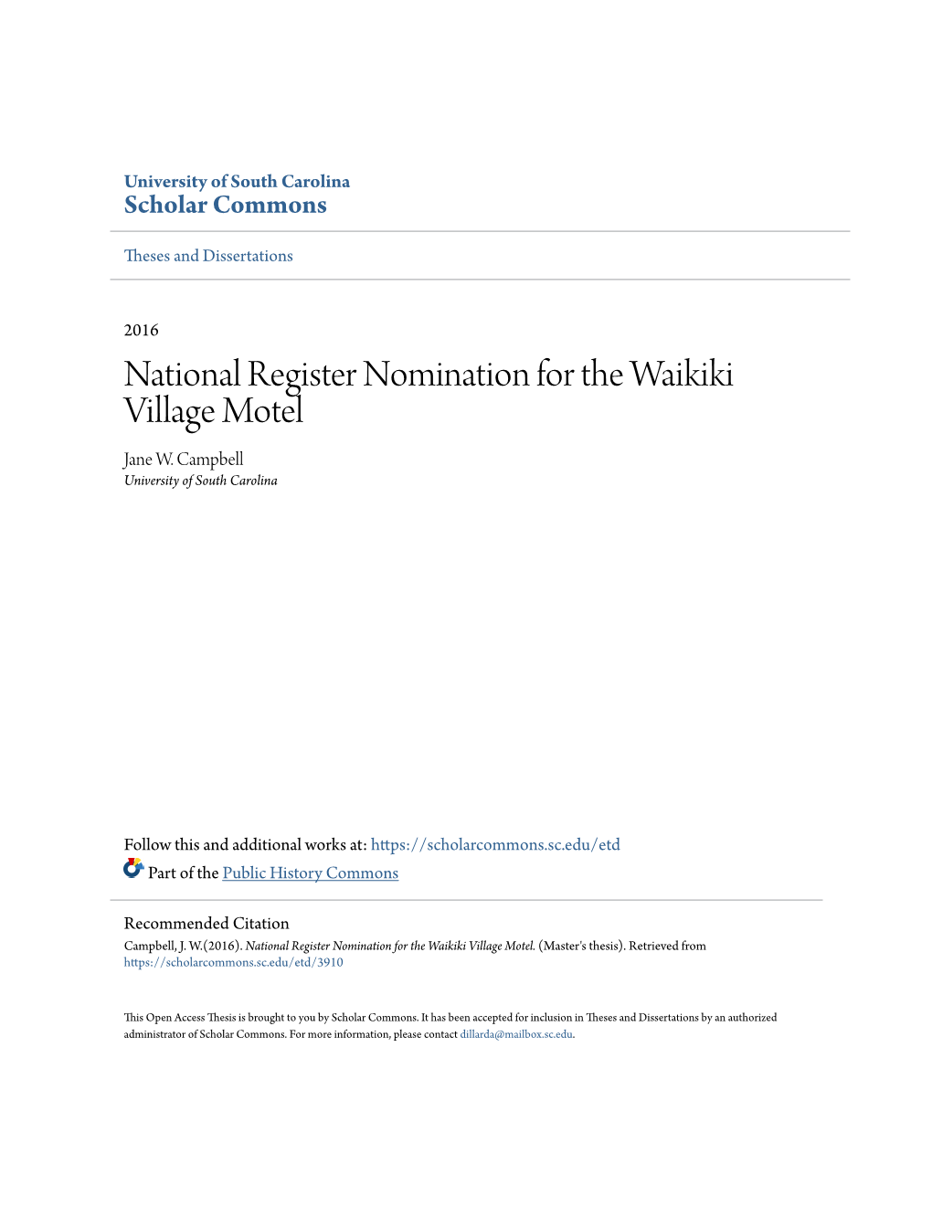 National Register Nomination for the Waikiki Village Motel Jane W