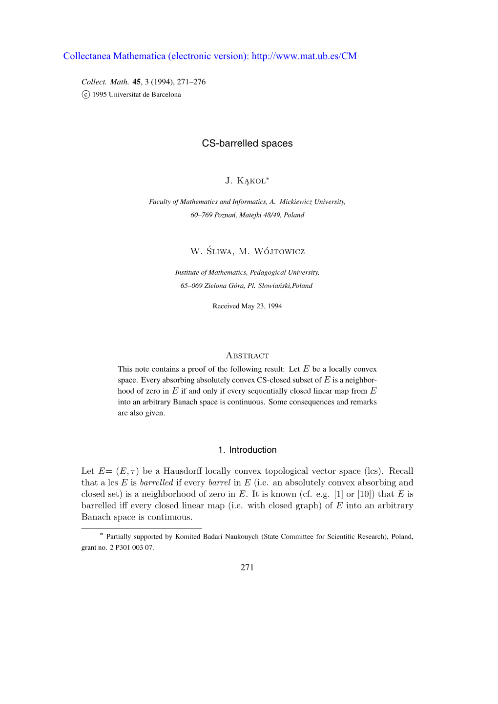 CS-Barrelled Spaces Collectanea Mathematica (Electronic Version