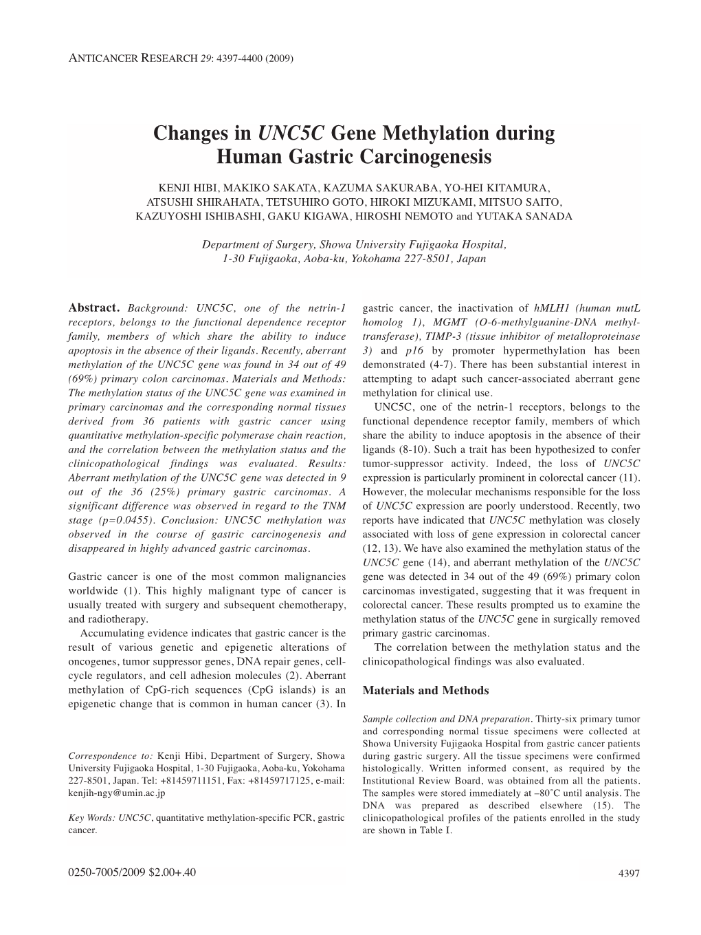 Changes in UNC5C Gene Methylation During Human Gastric Carcinogenesis