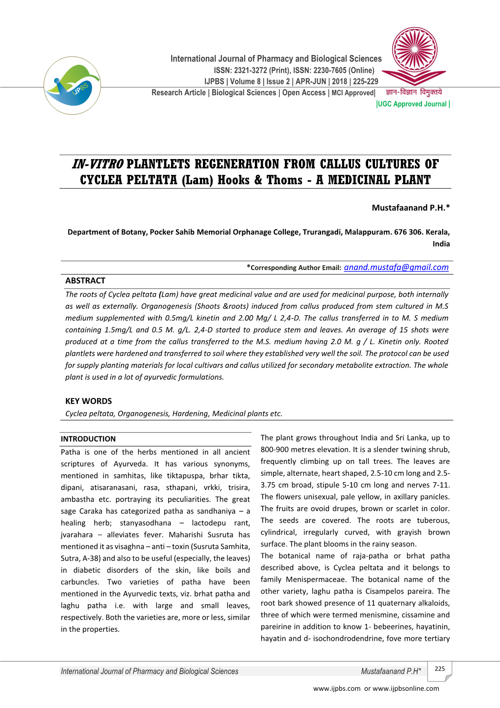 IN-VITRO PLANTLETS REGENERATION from CALLUS CULTURES of CYCLEA PELTATA (Lam) Hooks & Thoms - a MEDICINAL PLANT