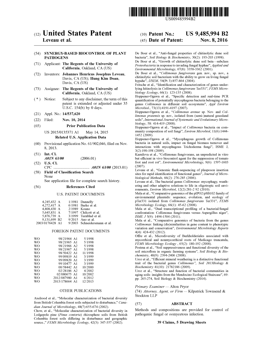 (12) United States Patent (10) Patent No.: US 9.485,994 B2 Leveau Et Al