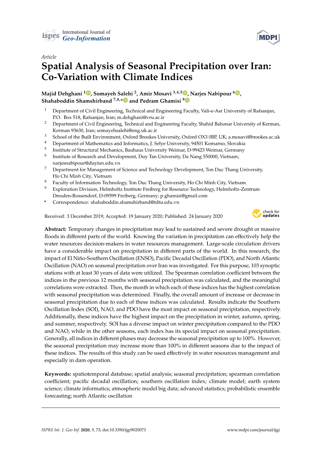 Spatial Analysis of Seasonal Precipitation Over Iran: Co-Variation with Climate Indices