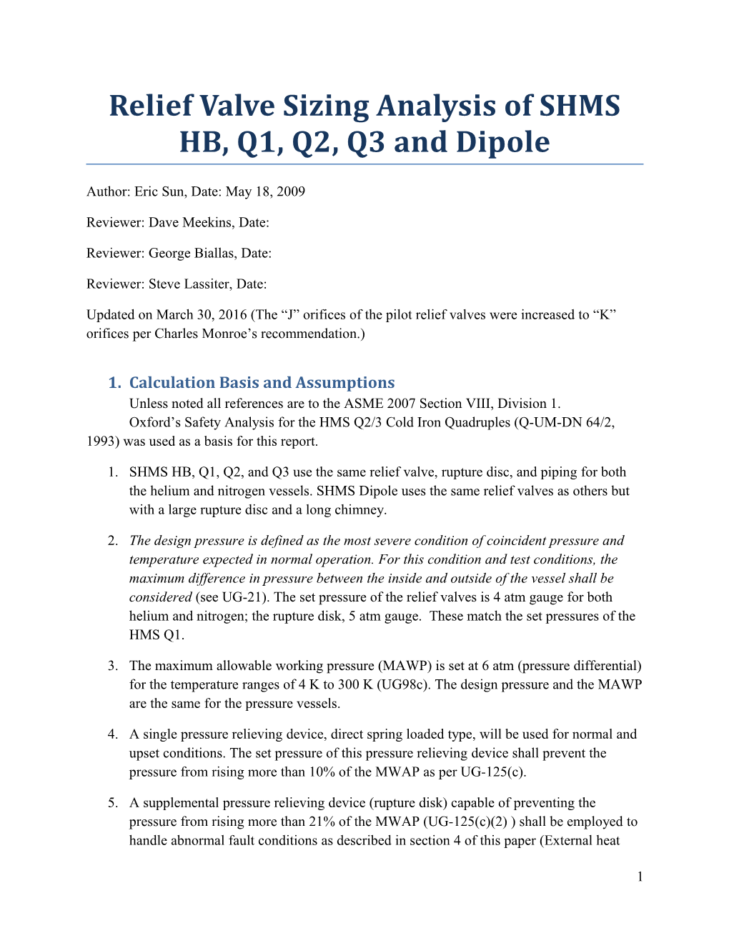 Relief Valve Sizing Analysis of SHMS HB, Q1, Q2, Q3 and Dipole