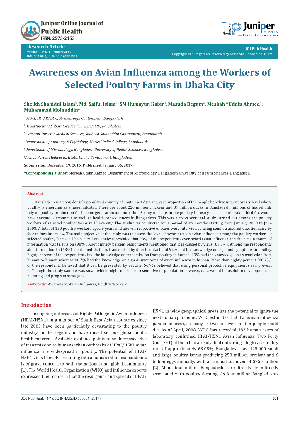 Awareness on Avian Influenza Among the Workers of Selected Poultry Farms in Dhaka City