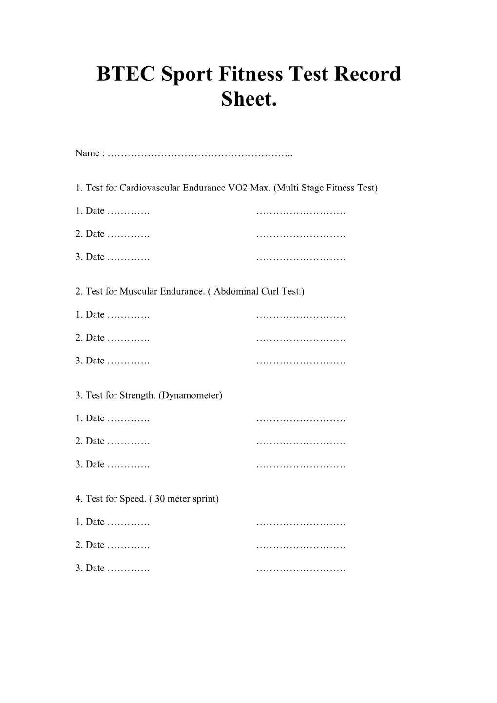 BTEC Sport Fitness Test Record Sheet