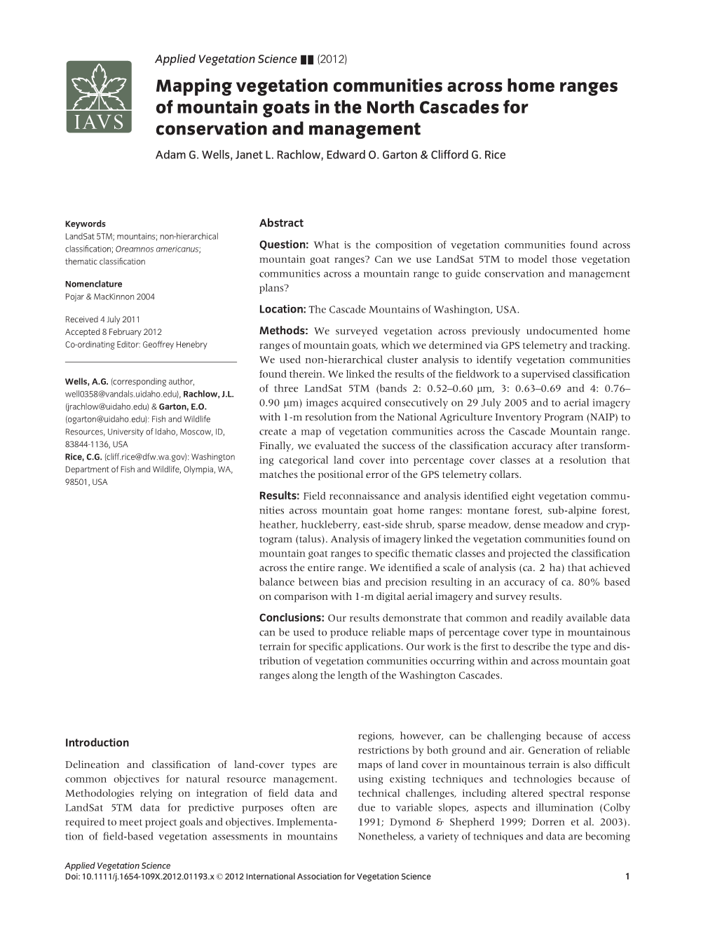 Mapping Vegetation Communities Across Home Ranges of Mountain Goats in the North Cascades for Conservation and Management Adam G