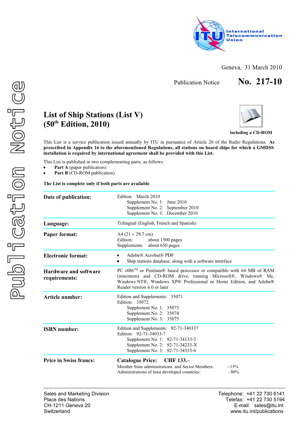 Avis De Publication No. 217-08 List of Ship Stations (List V) (48Th Edition, 2008)