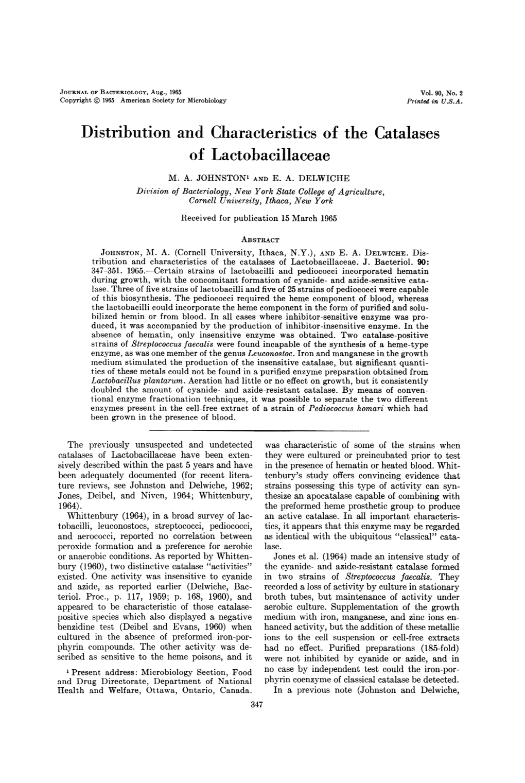 Distribution and Characteristics of the Catalases of Lactobacillaceae