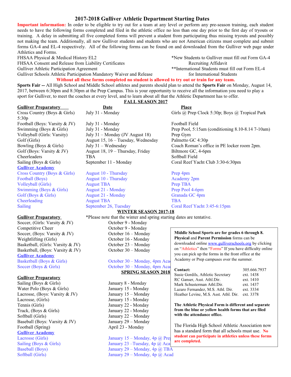 2003-2004 Gulliver Athletic Department Starting Dates