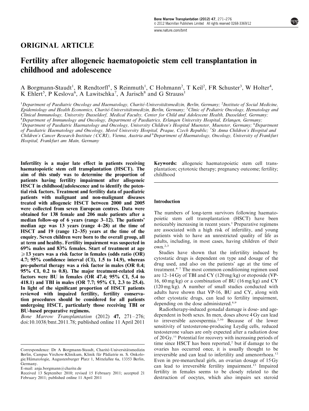 Fertility After Allogeneic Haematopoietic Stem Cell Transplantation in Childhood and Adolescence