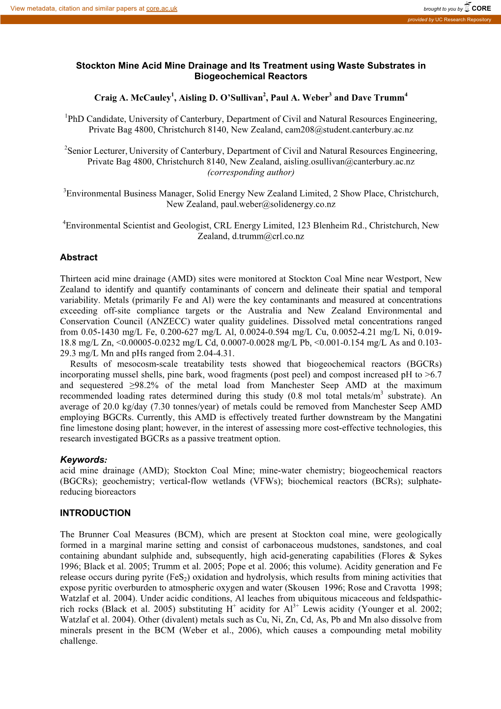 Stockton Mine Acid Mine Drainage and Its Treatment Using Waste Substrates in Biogeochemical Reactors