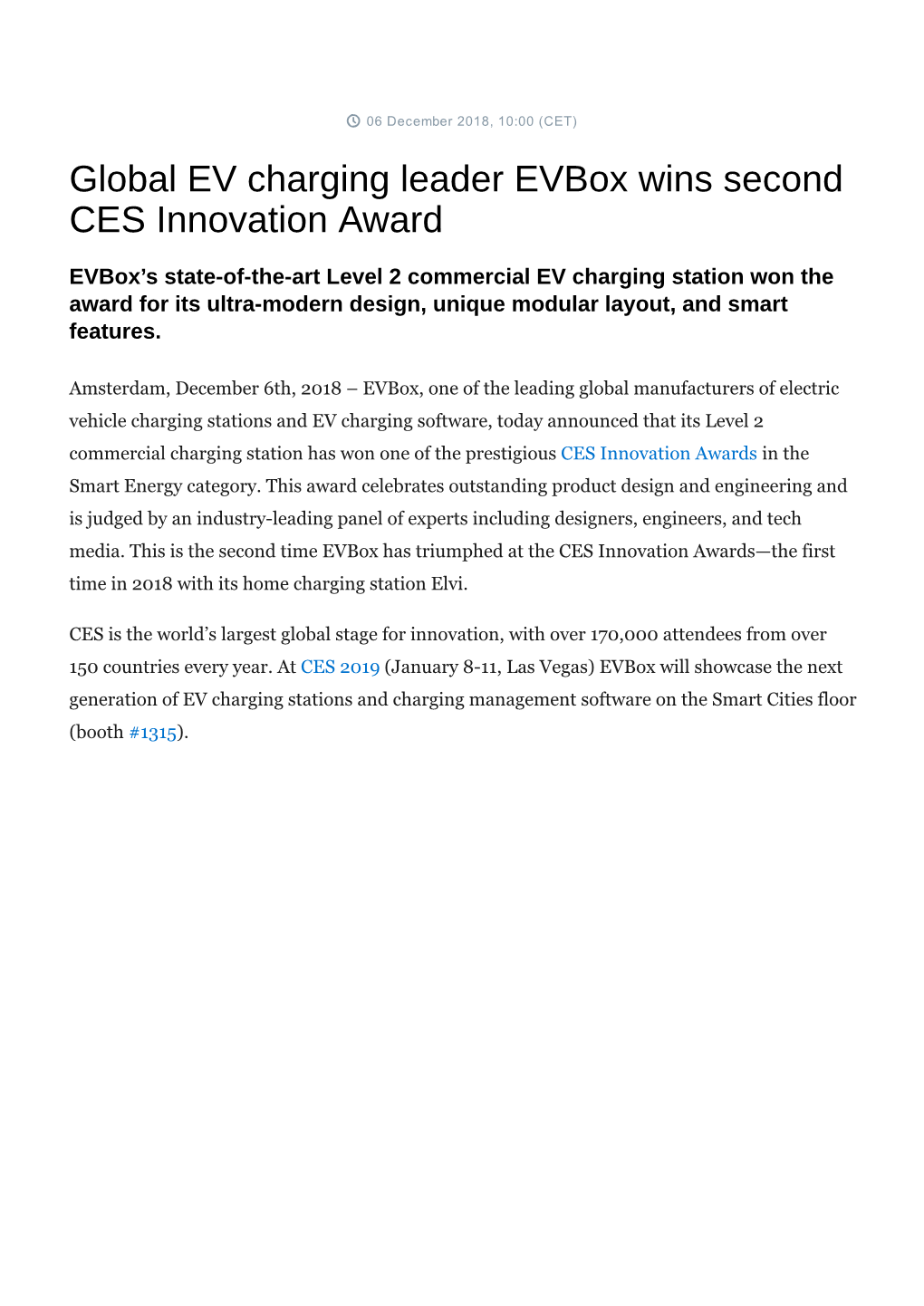 Global EV Charging Leader Evbox Wins Second CES Innovation Award