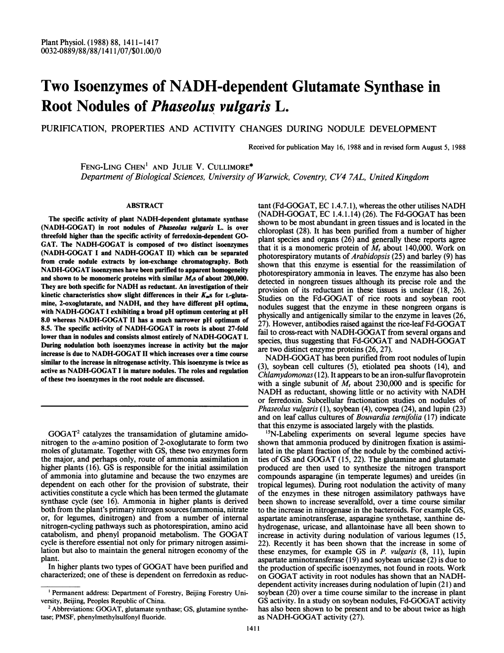 Two Isoenzymes of NADH-Dependent Glutamate Synthase in Root Nodules of Phaseolus Vulgaris L