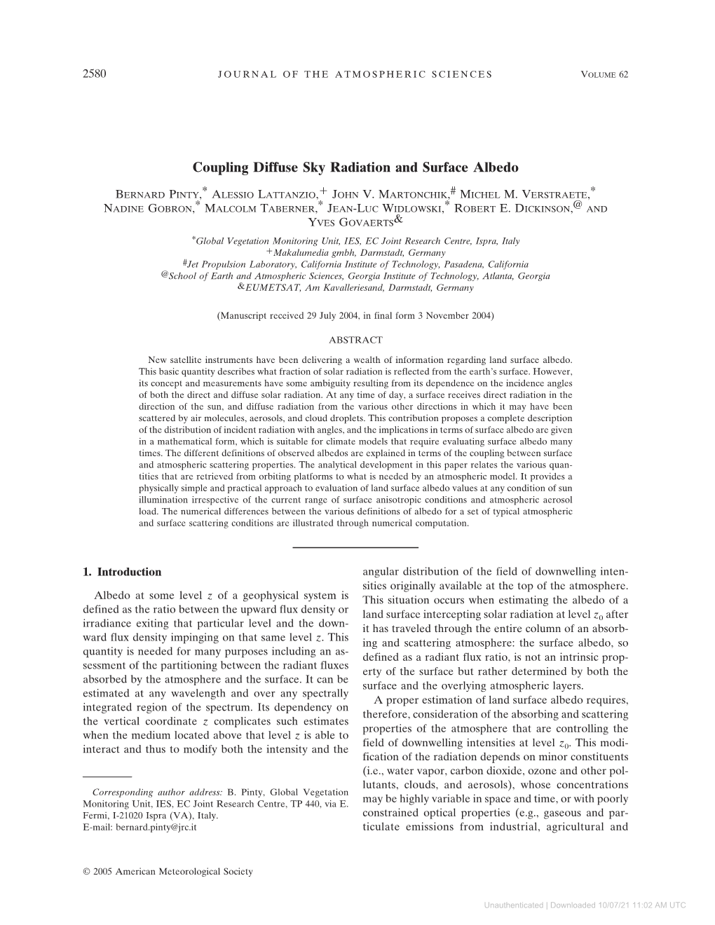 Coupling Diffuse Sky Radiation and Surface Albedo Ϩ BERNARD PINTY,* ALESSIO LATTANZIO, JOHN V