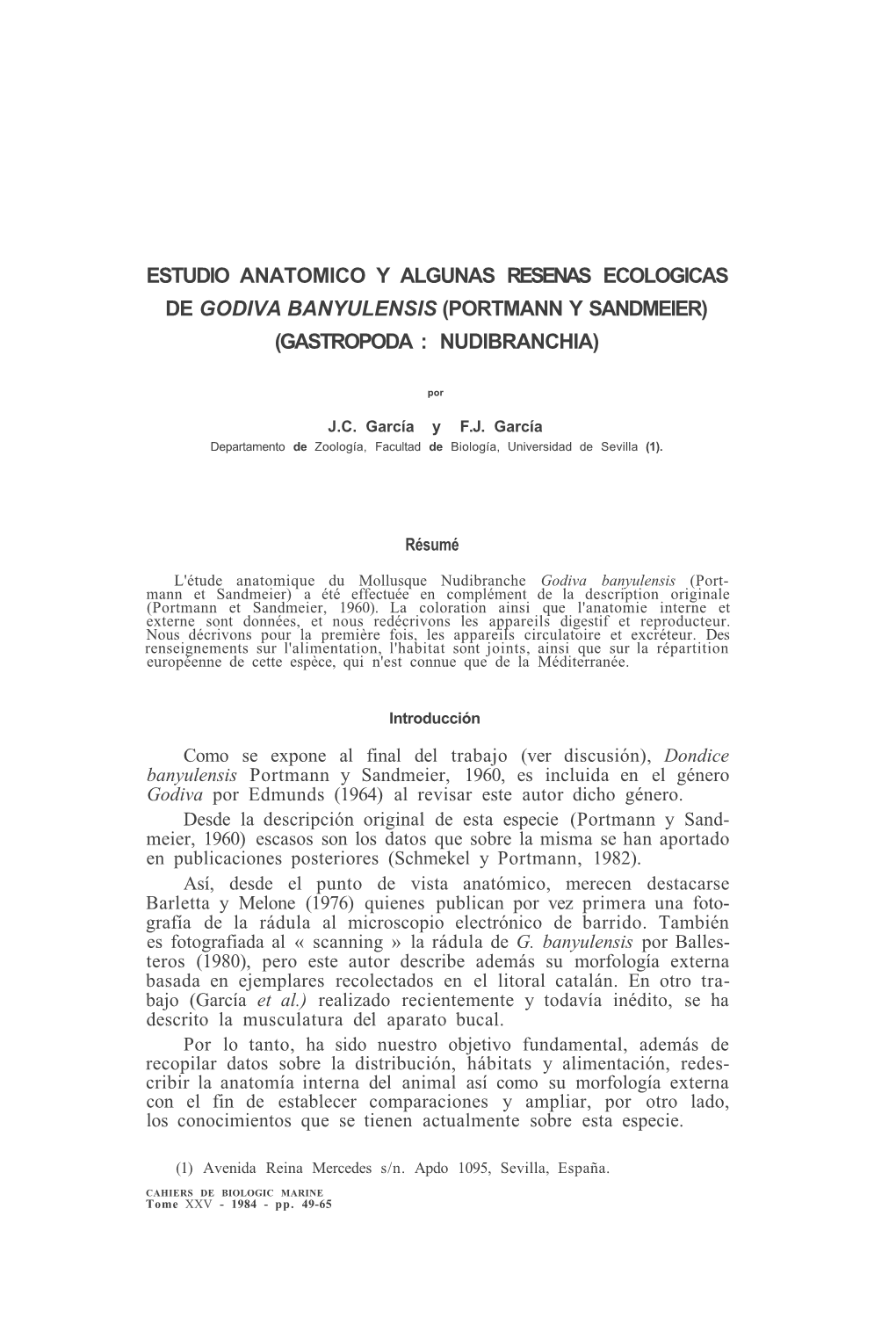 Estudio Anatomico Y Algunas Resenas Ecologicas De Godiva Banyulensis (Portmann Y Sandmeier) (Gastropoda : Nudibranchia)