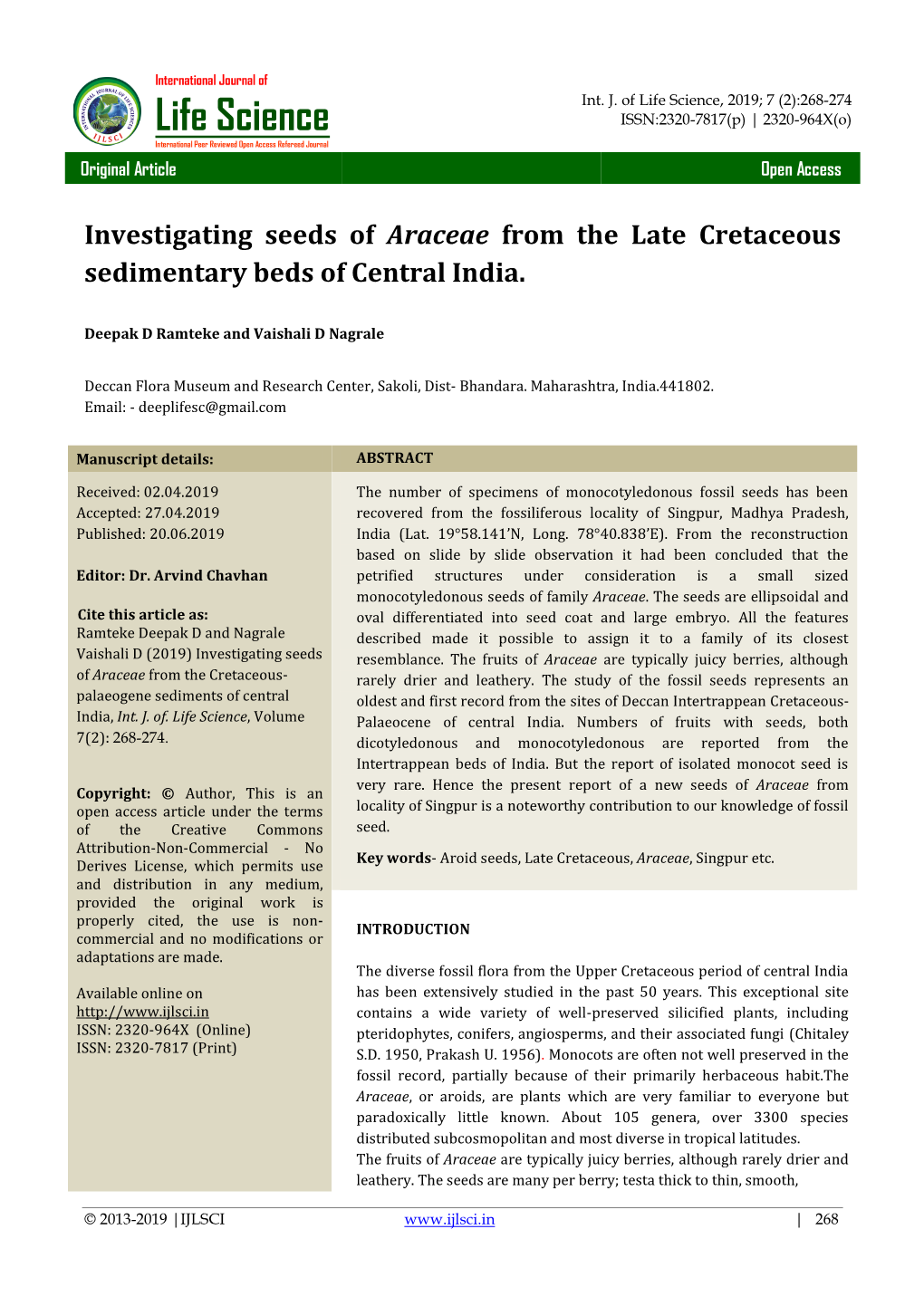 Investigating Seeds of Araceae from the Cretaceous-Palaeogene Sediments of Central India