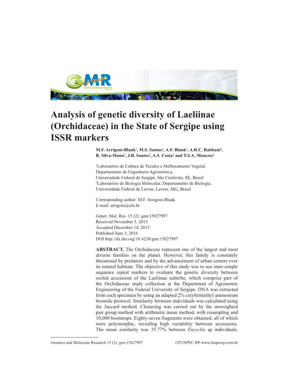 Analysis of Genetic Diversity of Laeliinae (Orchidaceae) in the State of Sergipe Using ISSR Markers