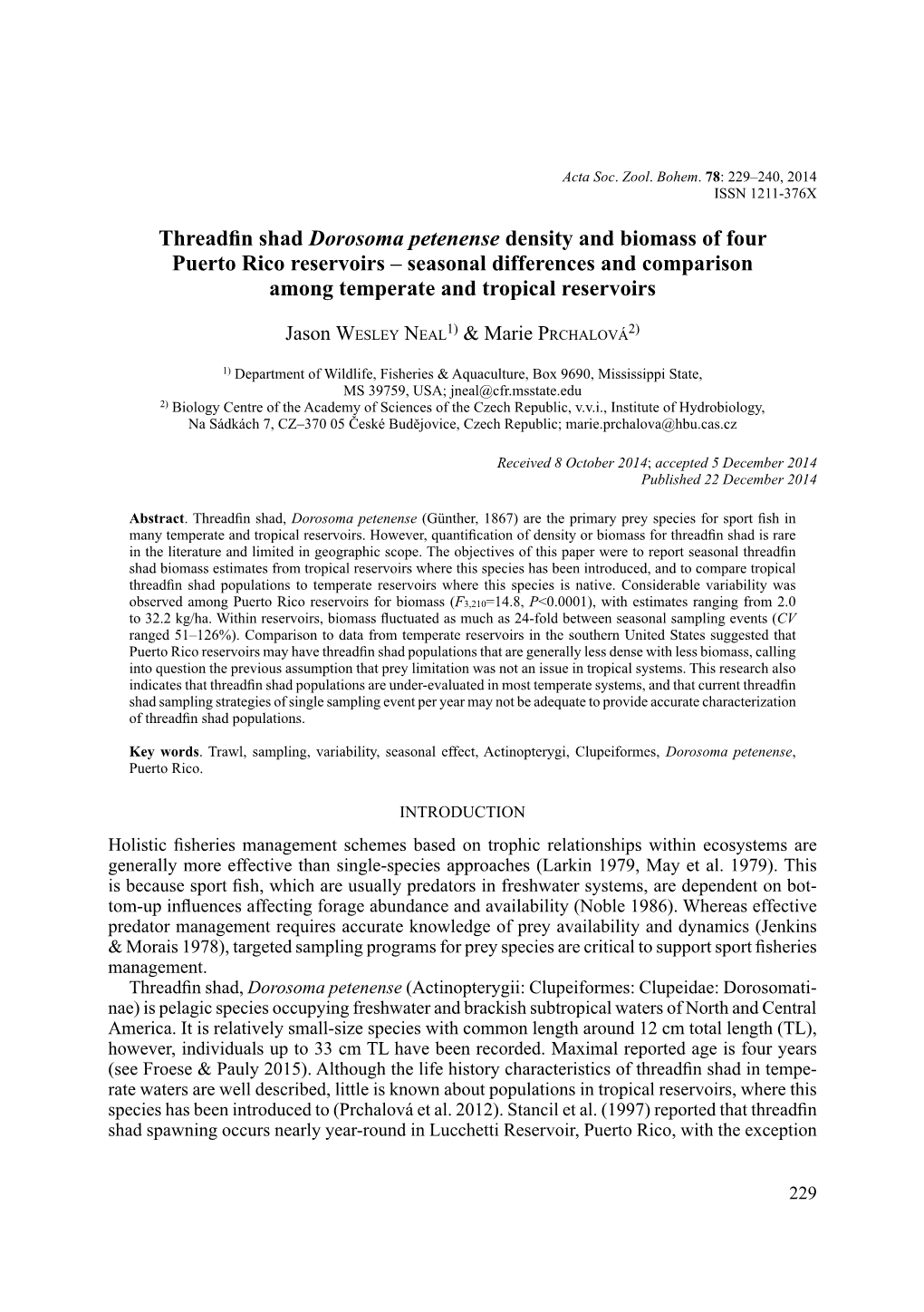 Threadfin Shad Dorosoma Petenense Density and Biomass of Four Puerto Rico Reservoirs – Seasonal Differences and Comparison Among Temperate and Tropical Reservoirs