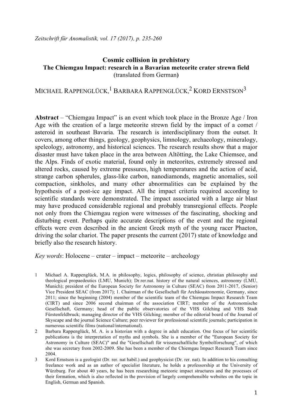 Cosmic Collision in Prehistory the Chiemgau Impact: Research in a Bavarian Meteorite Crater Strewn Field (Translated from German)