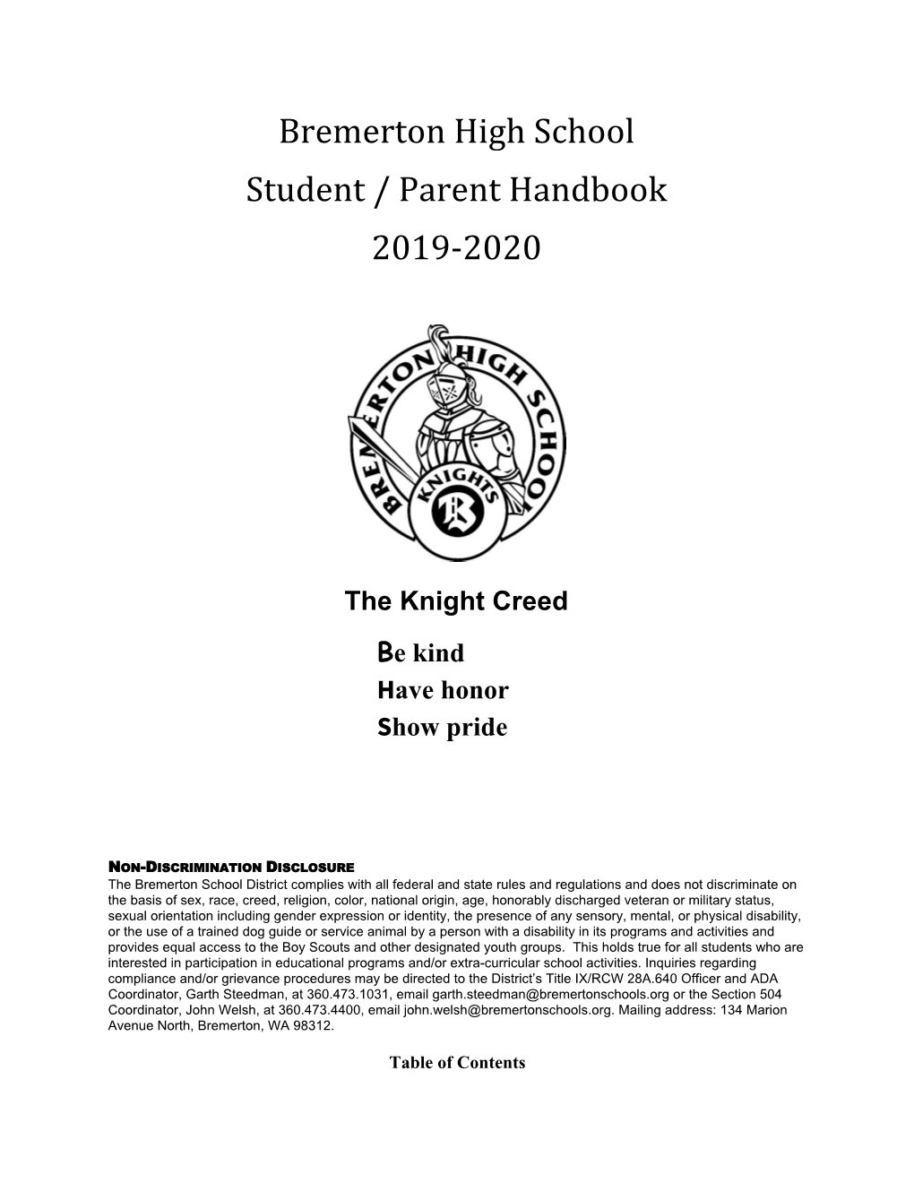Bremerton High School Student / Parent Handbook 2019-2020