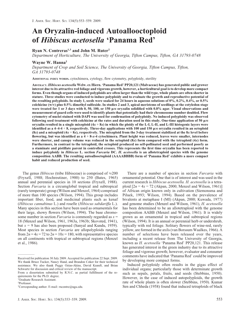 An Oryzalin-Induced Autoallooctoploid of Hibiscus Acetosella 'Panama Red'