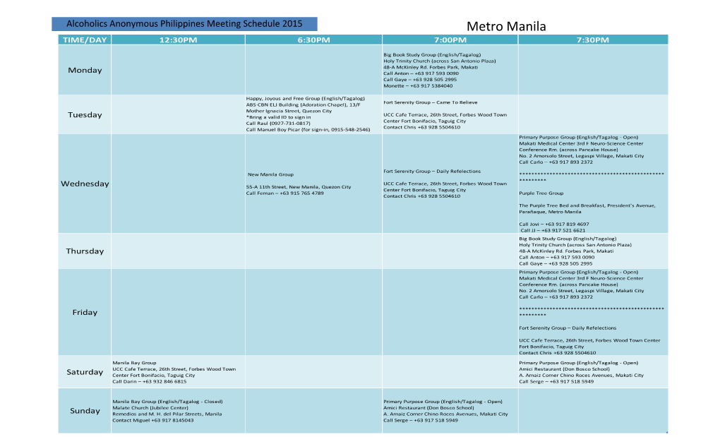 Metro Manila TIME/DAY 12:30PM 6:30PM 7:00PM 7:30PM