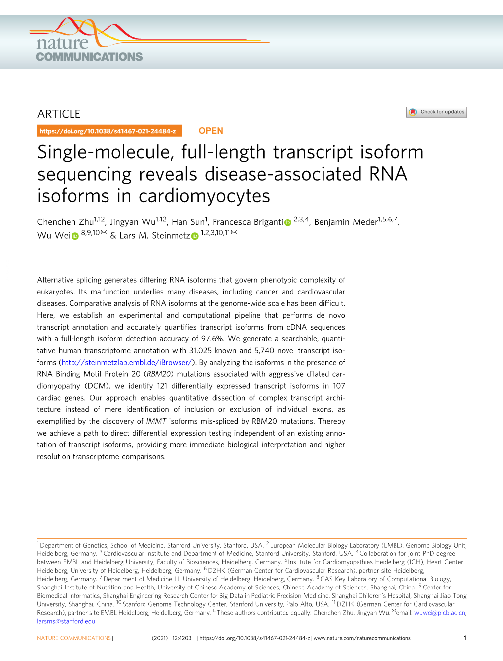 Single-Molecule, Full-Length Transcript Isoform Sequencing Reveals Disease-Associated RNA Isoforms in Cardiomyocytes