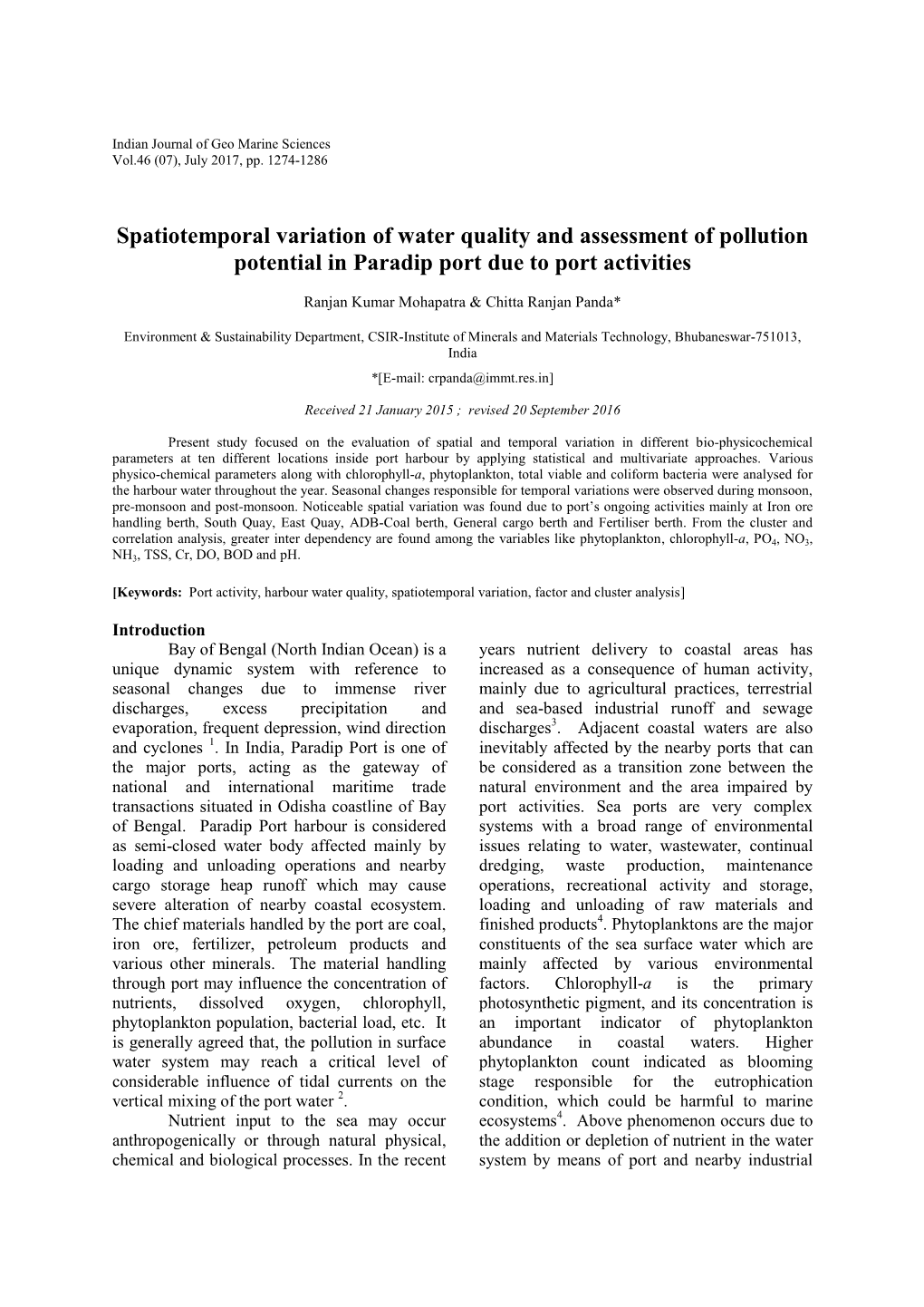 Spatiotemporal Variation of Water Quality and Assessment of Pollution Potential in Paradip Port Due to Port Activities