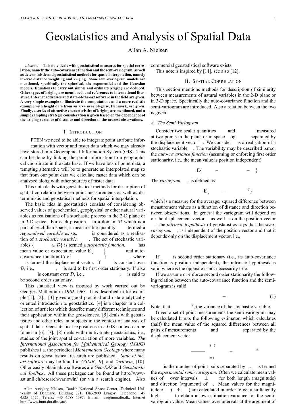 GEOSTATISTICS and ANALYSIS of SPATIAL DATA 1 Geostatistics and Analysis of Spatial Data Allan A