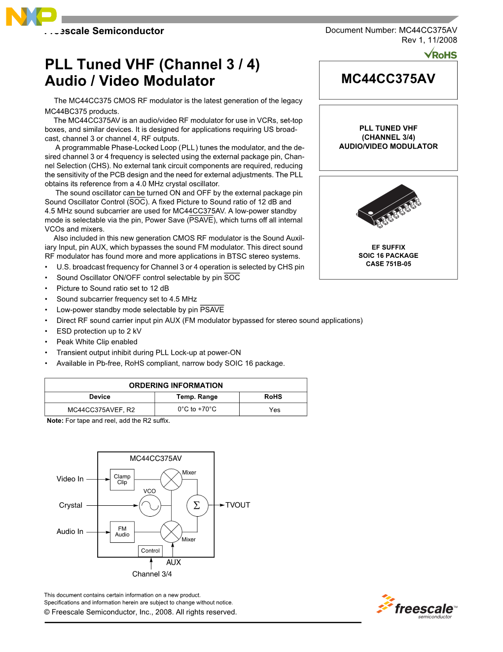 PLL Tuned VHF (Channel 3 / 4) Audio / Video Modulator MC44CC375AV