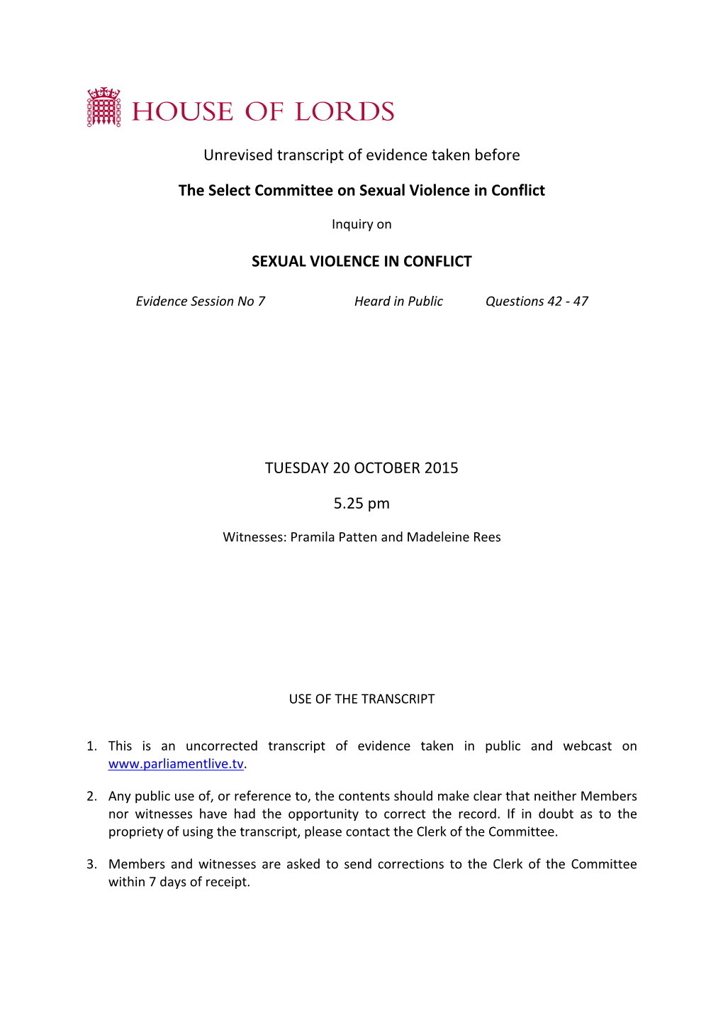 Lords Select Committee on Sexual Violence in Conflict