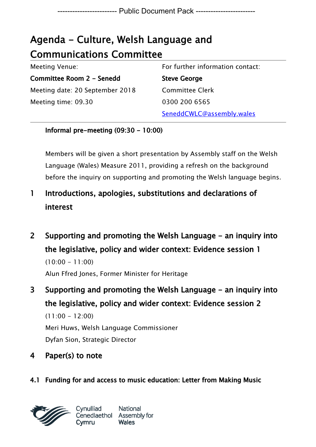(Public Pack)Agenda Document for Culture, Welsh Language and Communications Committee, 20/09/2018 09:30